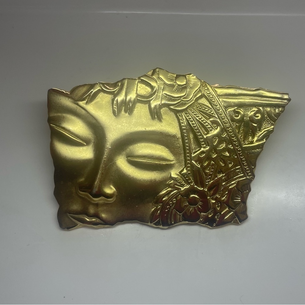 Vintage 80s JJ Jonette Gold Tone Ancient Art Deco Nouveau Floral Face Brooch Pin